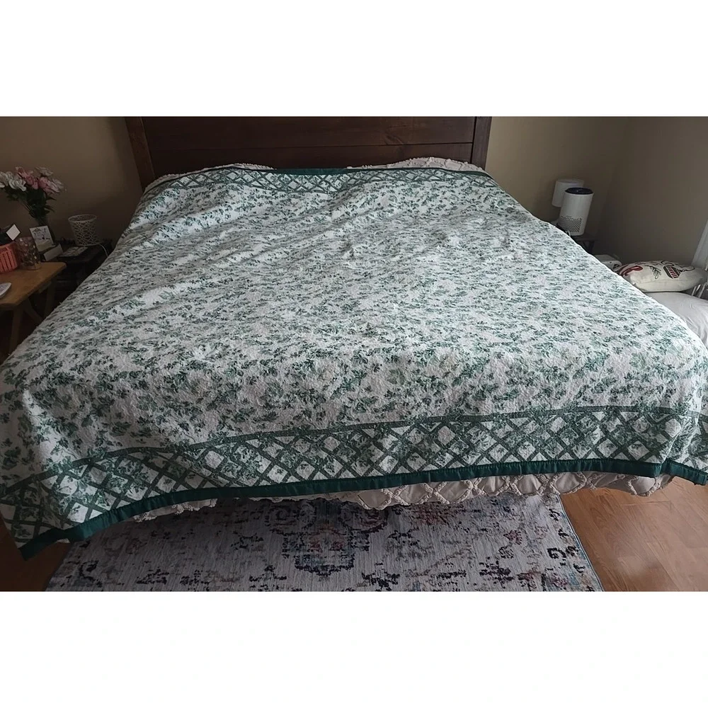 Lot of 2 Vtg Green Yellow Floral Flawed‎ Acrylic Bedding Blanket Queen/King Size